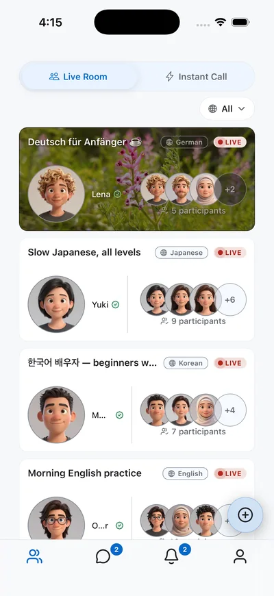 The Live Room tab: a list of open voice rooms, each tagged with its language